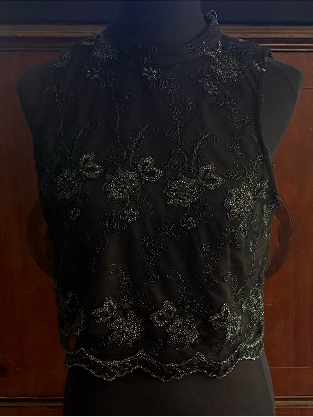 Romeo & Juliet Couture Black Beaded Floral High-Neck Camisole